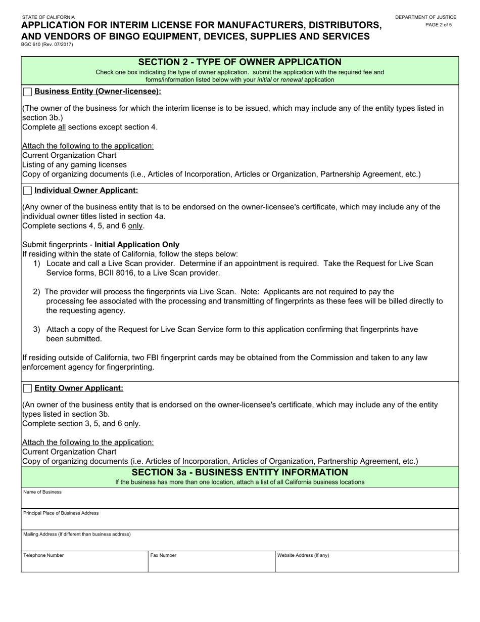 Form BGC610 Application for Interim License for Manufacturers, Distributors, and Vendors of Bingo Equipment, Devices, Supplies and Services - California, Page 2