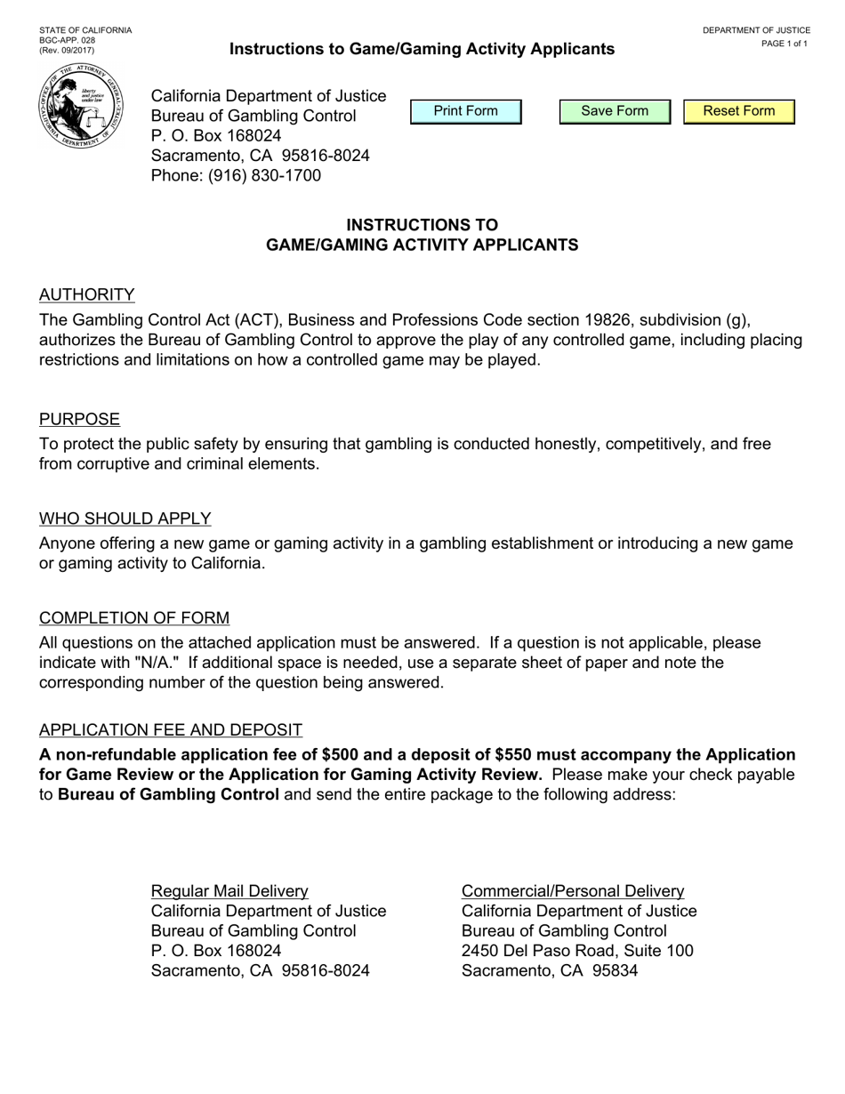 Form BGC-APP.028 Instructions to Game / Gaming Activity Applicants - California, Page 1