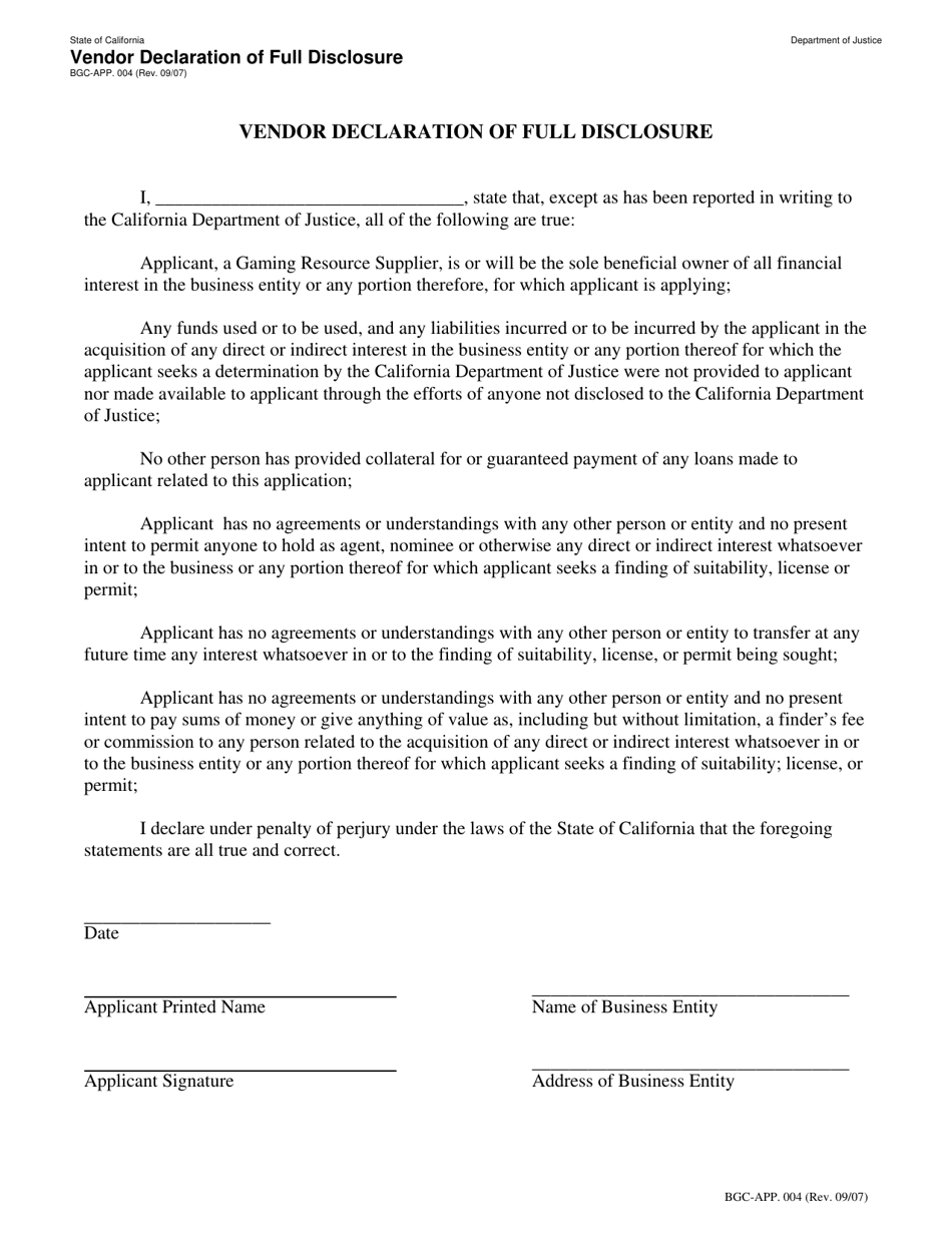 Form BGC-APP.004 Vendor Declaration of Full Disclosure - California, Page 1
