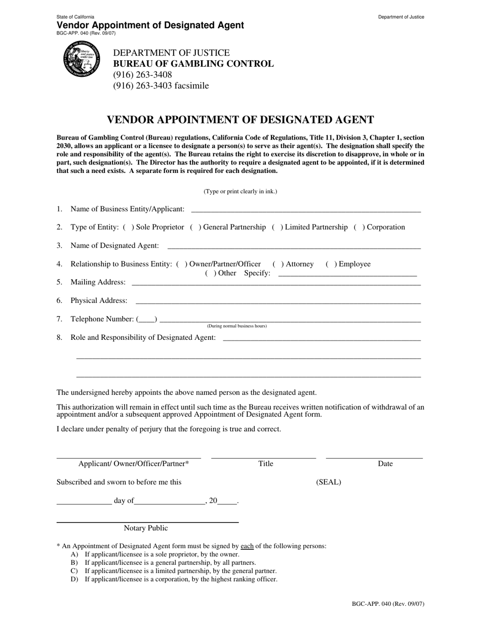 Form BGC-APP.040 Vendor Appointment of Designated Agent - California, Page 1