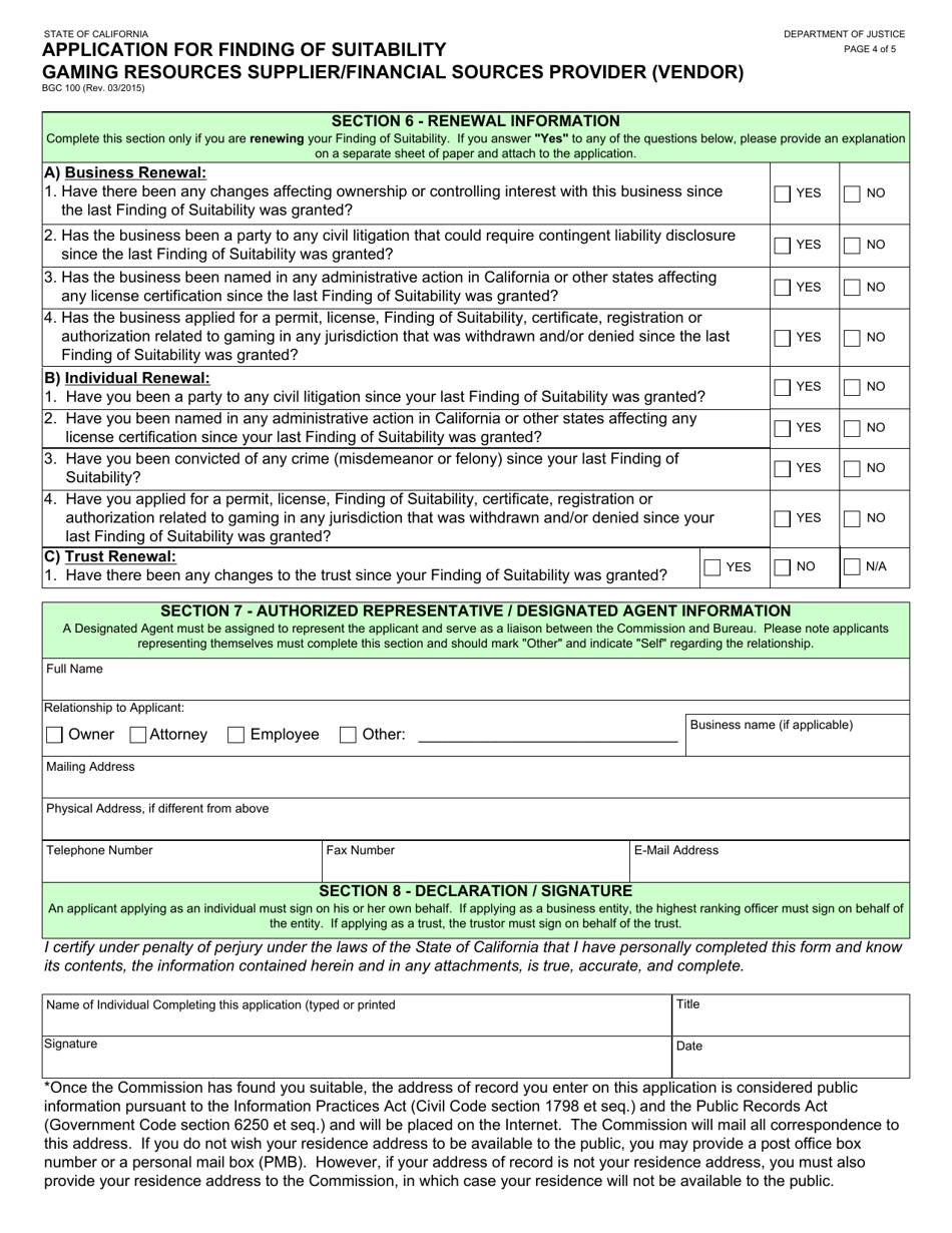 Form BGC100 Application for Finding of Suitability Gaming Resources Supplier / Financial Sources Provider (Vendor) - California, Page 4
