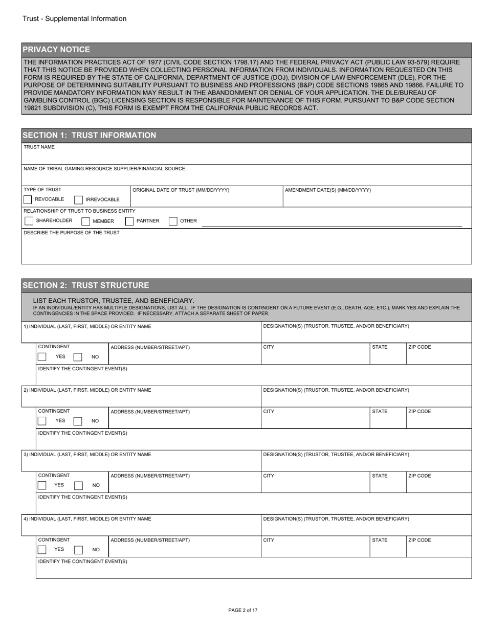 Form BGC-APP054 Gaming Resource Supplier / Financial Source - Trust Supplemental Information - California, Page 2
