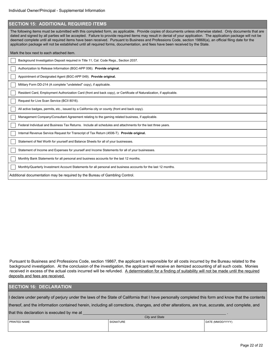 Form BGC-APP025 Gaming Resource Supplier / Financial Source Individual Owner / Principal Supplemental Information - California, Page 22