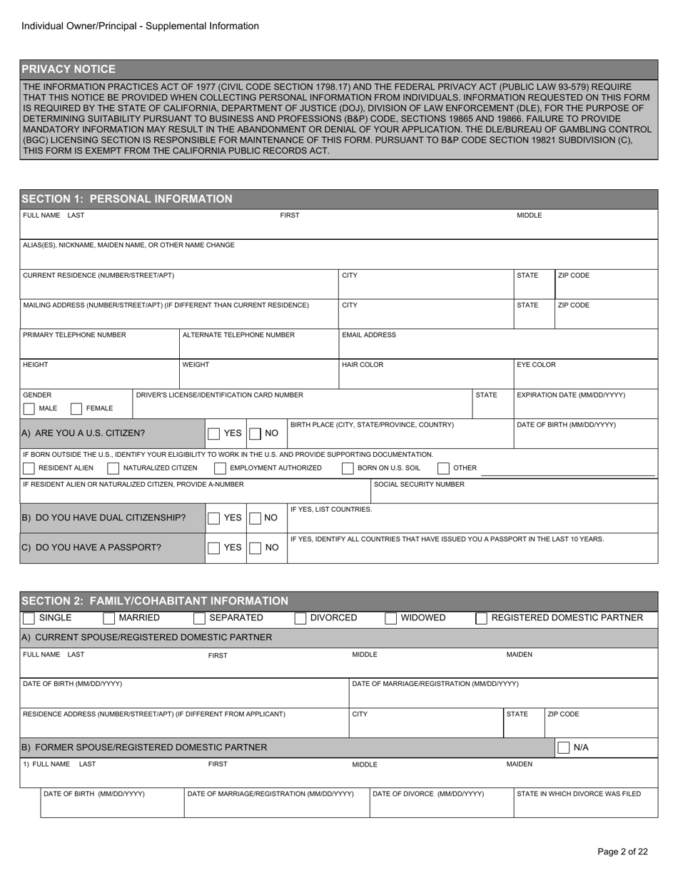 Form BGC-APP025 Gaming Resource Supplier / Financial Source Individual Owner / Principal Supplemental Information - California, Page 2