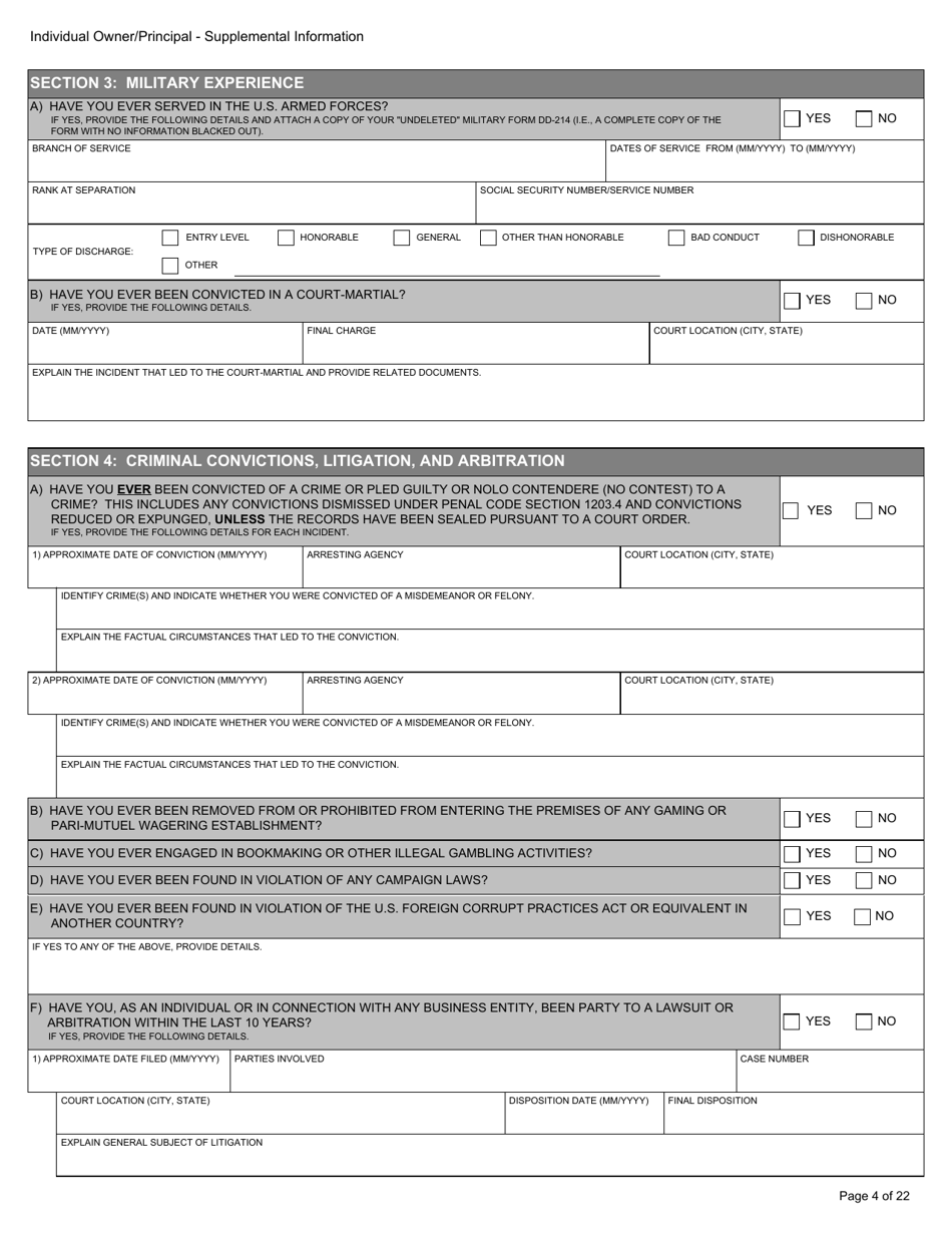 Form BGC-APP025 Gaming Resource Supplier / Financial Source Individual Owner / Principal Supplemental Information - California, Page 4