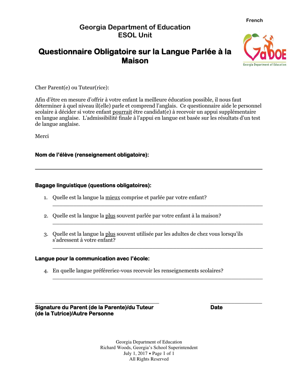 Home Language Survey Form - Georgia (United States) (French), Page 1