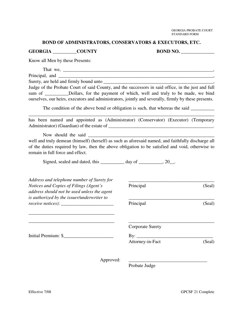 Form GPCSF21 Bond of Administrators, Conservators  Executors, Etc. - Georgia (United States), Page 1