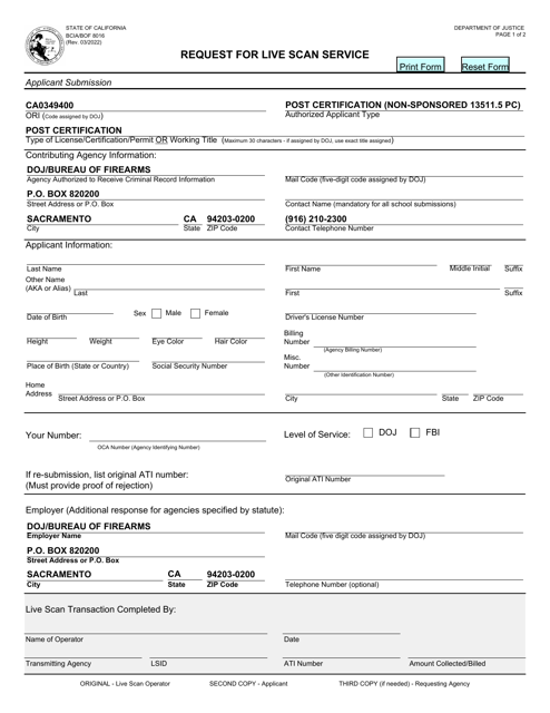 Form BOF8016 Request for Live Scan Service for Post Certification - California