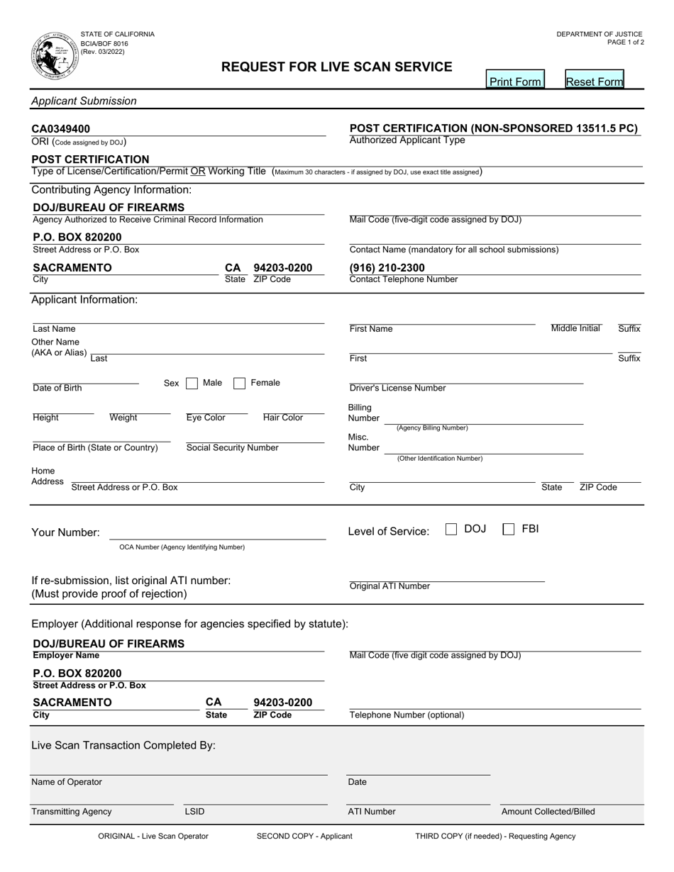 Form BOF8016 Request for Live Scan Service for Post Certification - California, Page 1