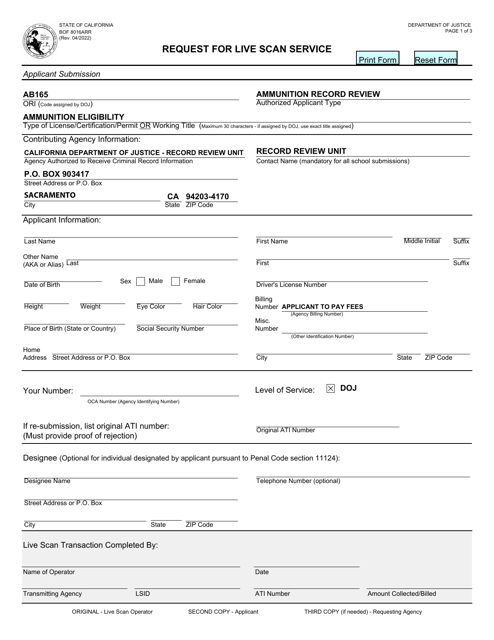 Form BOF8016ARR Request for Live Scan Service - Ammunition Eligibility - California