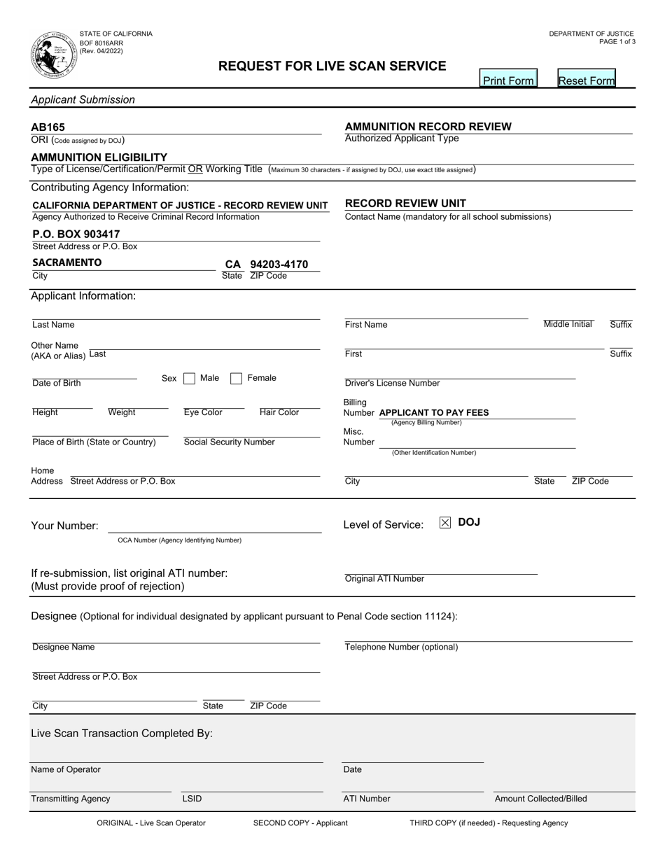 Form BOF8016ARR Request for Live Scan Service - Ammunition Eligibility - California, Page 1