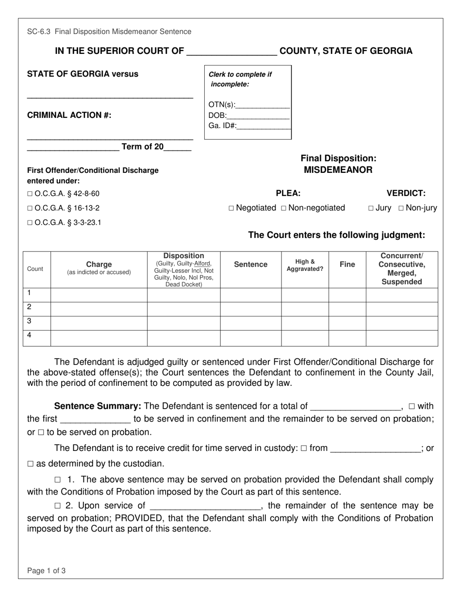 Form SC-6.3 Final Disposition Misdemeanor Sentence - Georgia (United States), Page 1