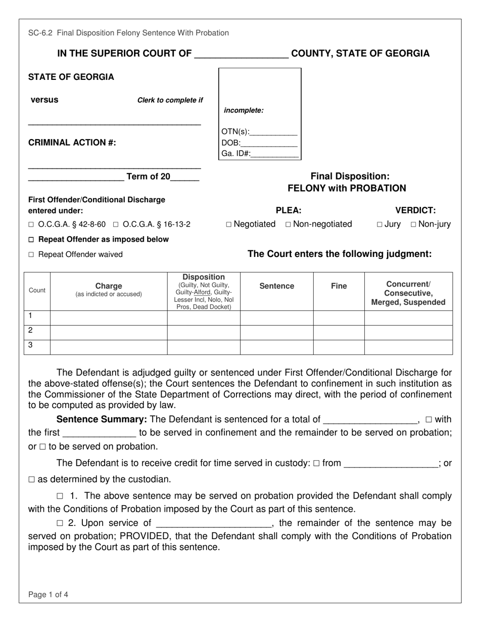 Form SC-6.2 Final Disposition Felony Sentence With Probation - Georgia (United States), Page 1