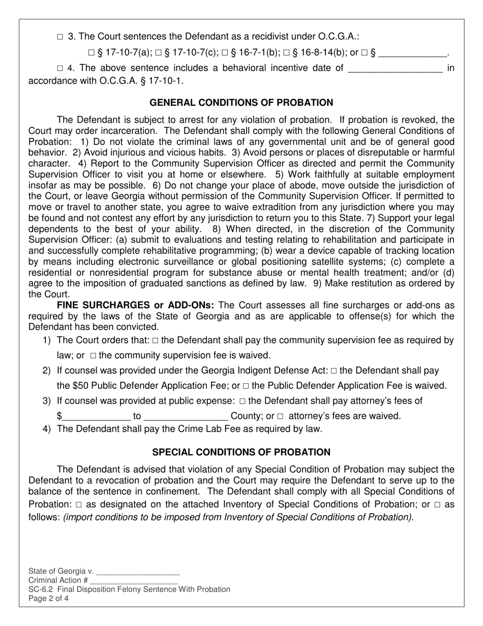 Form SC-6.2 Final Disposition Felony Sentence With Probation - Georgia (United States), Page 2