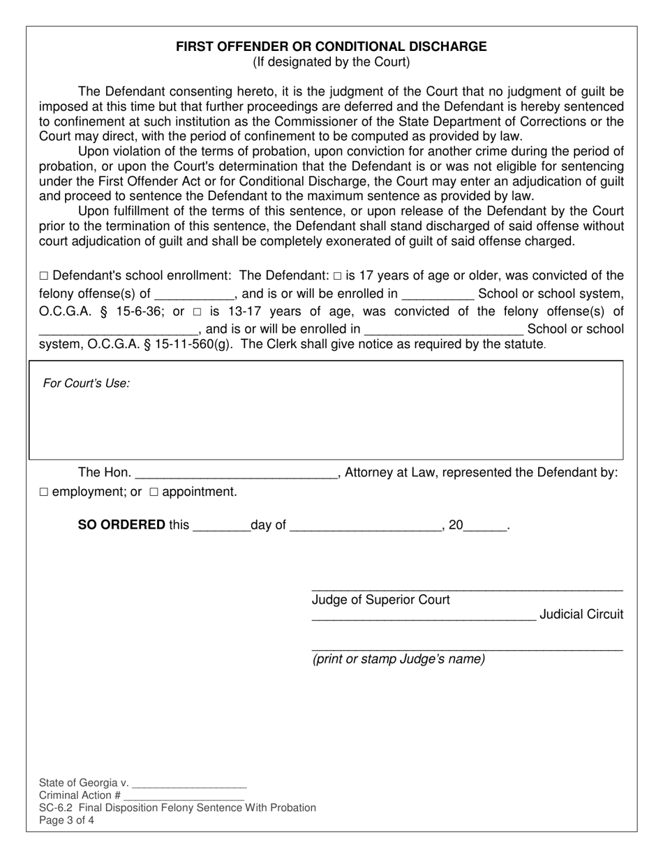 Form SC-6.2 Final Disposition Felony Sentence With Probation - Georgia (United States), Page 3