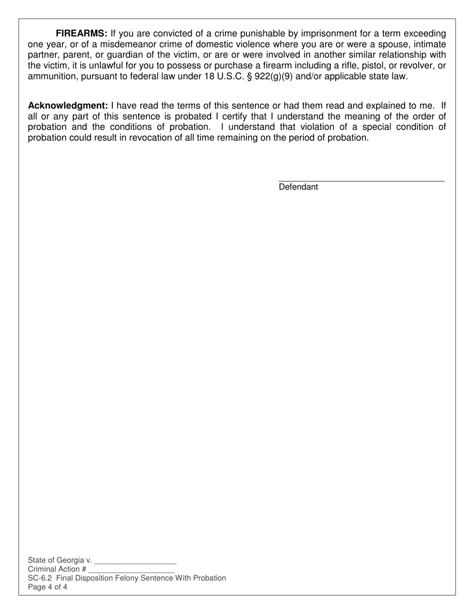 Form SC-6.2 Final Disposition Felony Sentence With Probation - Georgia (United States), Page 4