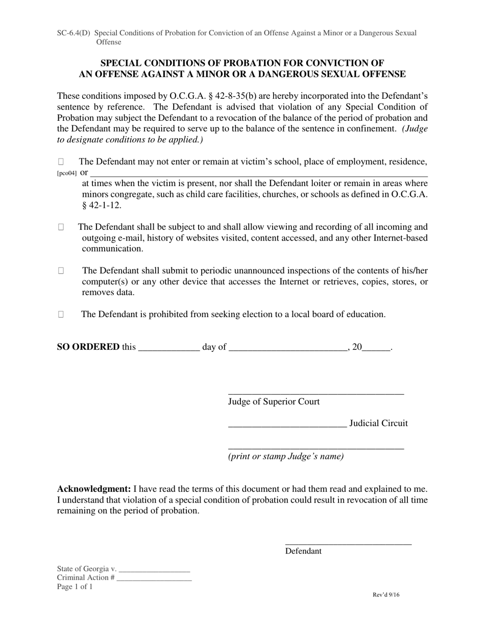 Form SC-6.4(D) Special Conditions of Probation for Conviction of an Offense Against a Minor or a Dangerous Sexual Offense - Georgia (United States), Page 1