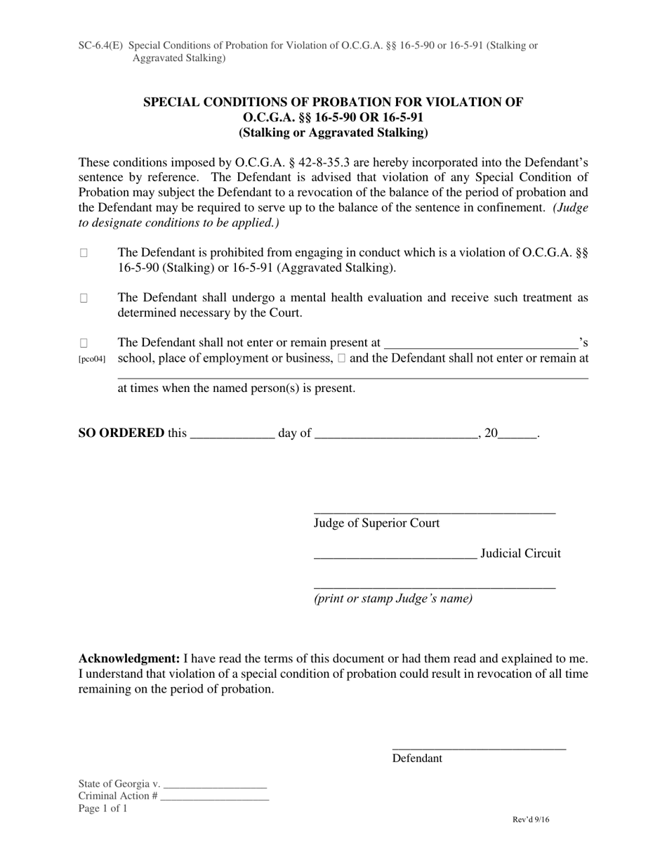 Form SC-6.4(E) Special Conditions of Probation for Violation of O.c.g.a. 16-5-90 or 16-5-91 (Stalking or Aggravated Stalking) - Georgia (United States), Page 1