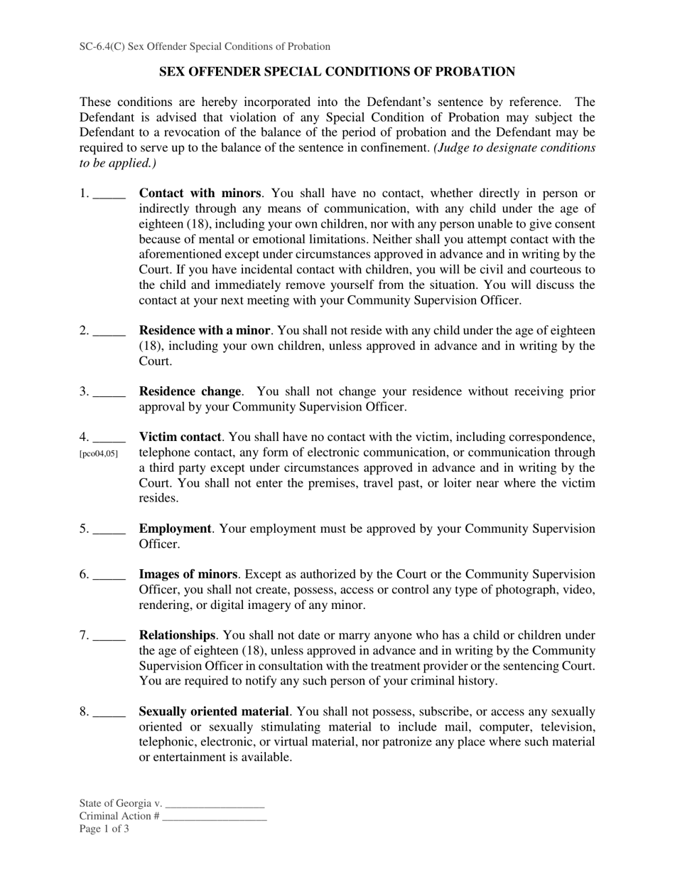 Form SC-6.4(C) Sex Offender Special Conditions of Probation - Georgia (United States), Page 1