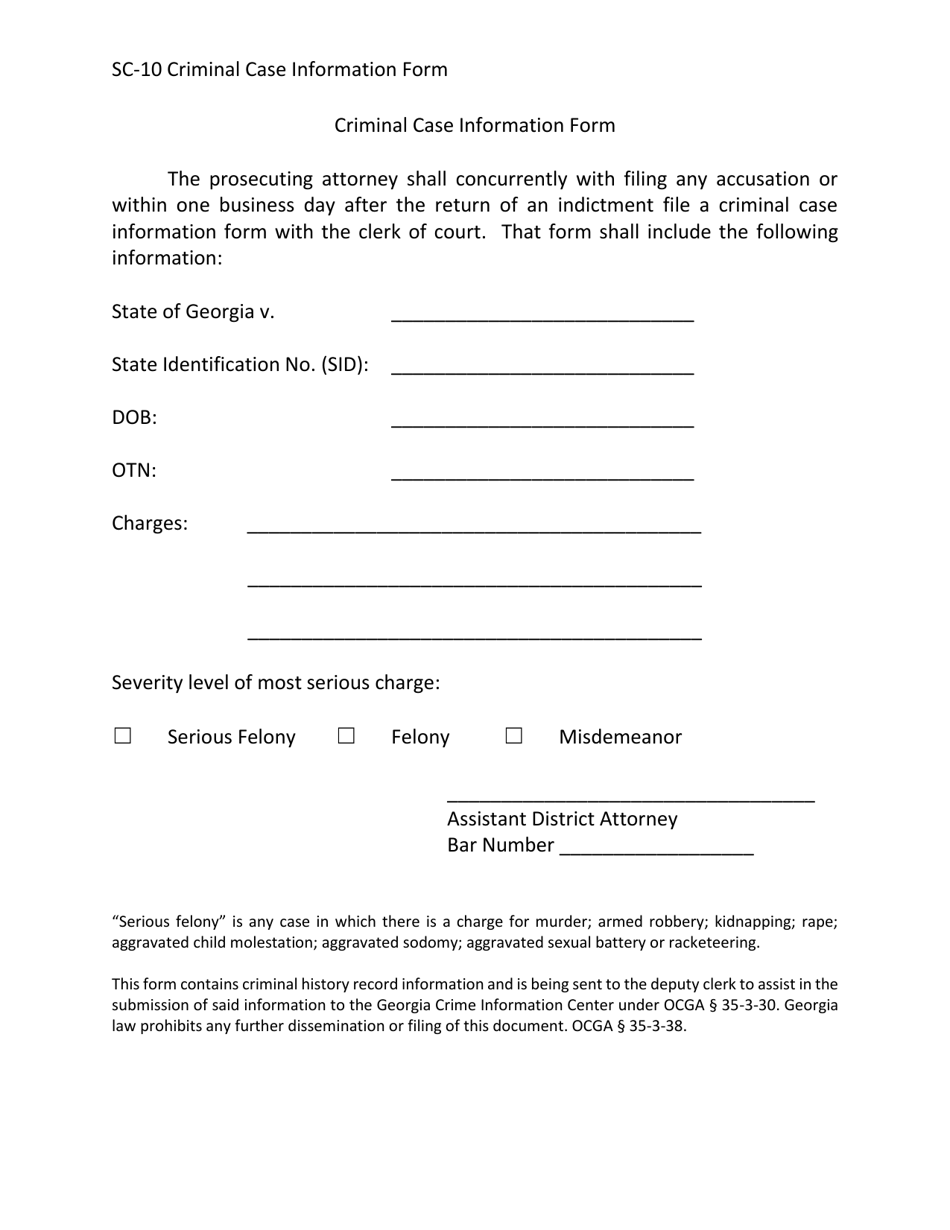 Form SC-10 Criminal Case Information Form - Georgia (United States), Page 1