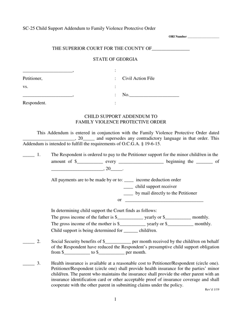 Form SC-25 Child Support Addendum to Family Violence Protective Order - Georgia (United States)