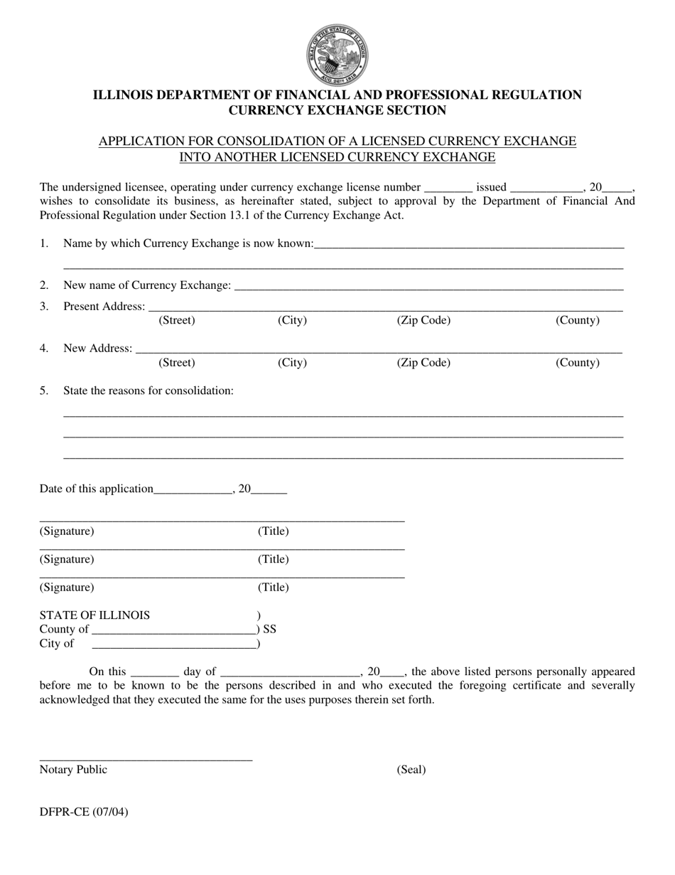 Application for Consolidation of a Licensed Currency Exchange Into Another Licensed Currency Exchange - Illinois, Page 1
