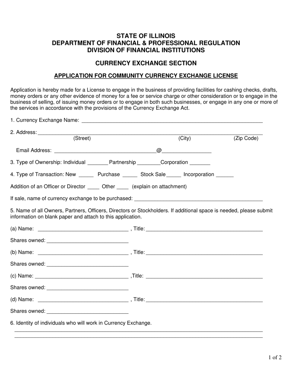 Form DFPR-DFI-CE Application for Community Currency Exchange License - Illinois, Page 1