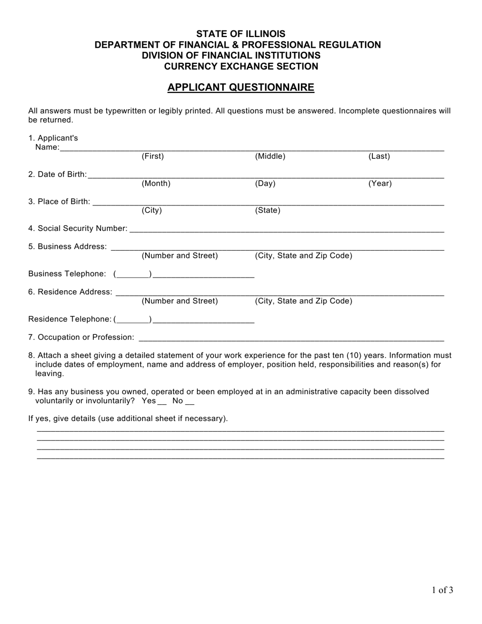 Applicant Questionnaire - Currency Exchange Section - Illinois, Page 1