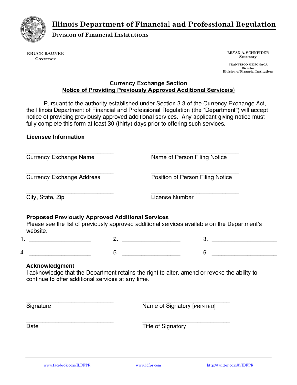 Notice of Providing Previously Approved Additional Service(S) - Currency Exchange Section - Illinois, Page 1