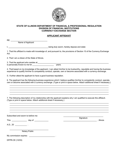 Form DFPR-CE Applicant Affidavit - Currency Exchange Section - Illinois