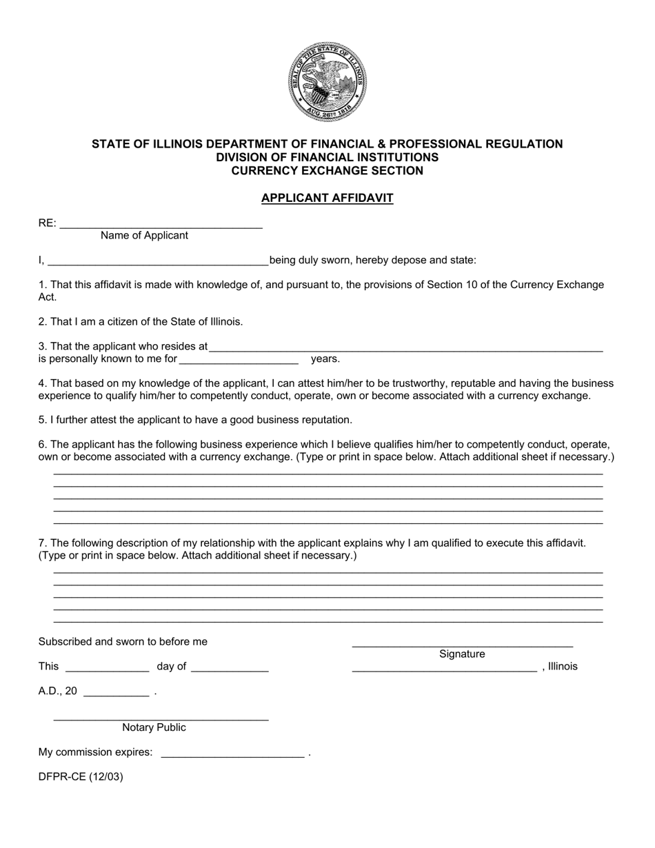Form DFPR-CE Applicant Affidavit - Currency Exchange Section - Illinois, Page 1