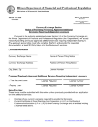 Document preview: Notice of Providing Previously Approved Additional Service(S) Requiring Independent Licensure - Currency Exchange Section - Illinois
