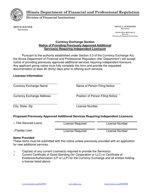 Notice of Providing Previously Approved Additional Service(S) Requiring Independent Licensure - Currency Exchange Section - Illinois Download Pdf