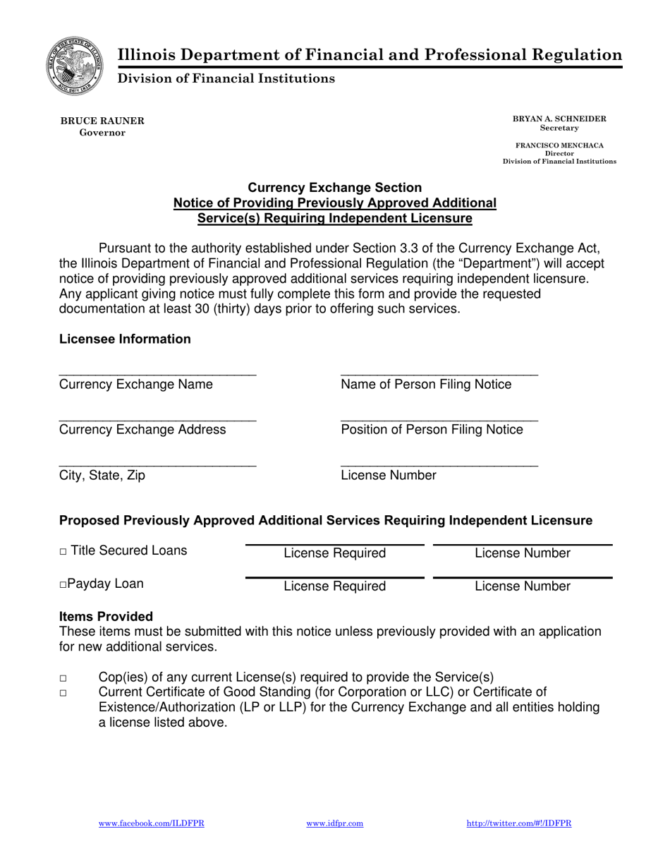 Notice of Providing Previously Approved Additional Service(S) Requiring Independent Licensure - Currency Exchange Section - Illinois, Page 1
