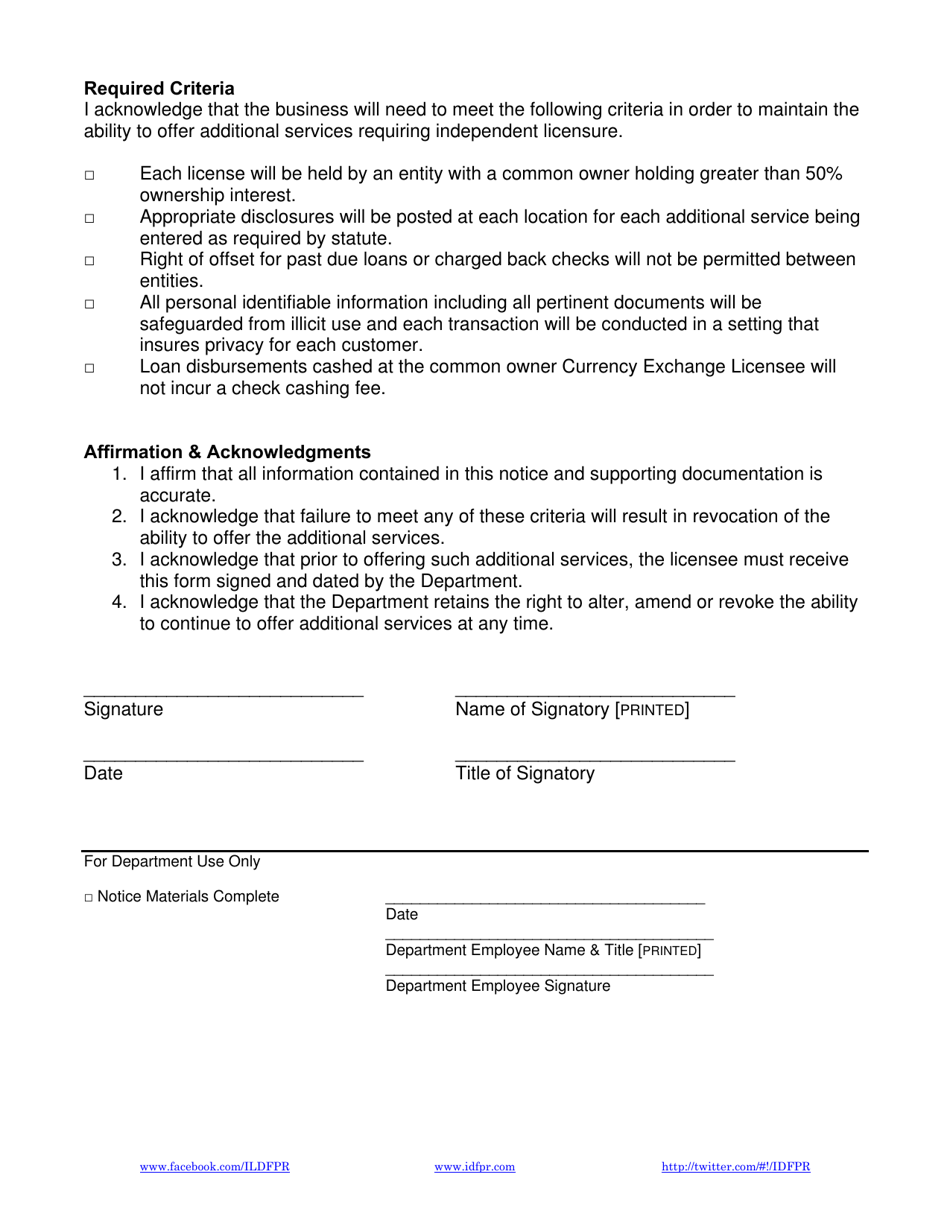 Notice of Providing Previously Approved Additional Service(S) Requiring Independent Licensure - Currency Exchange Section - Illinois, Page 2