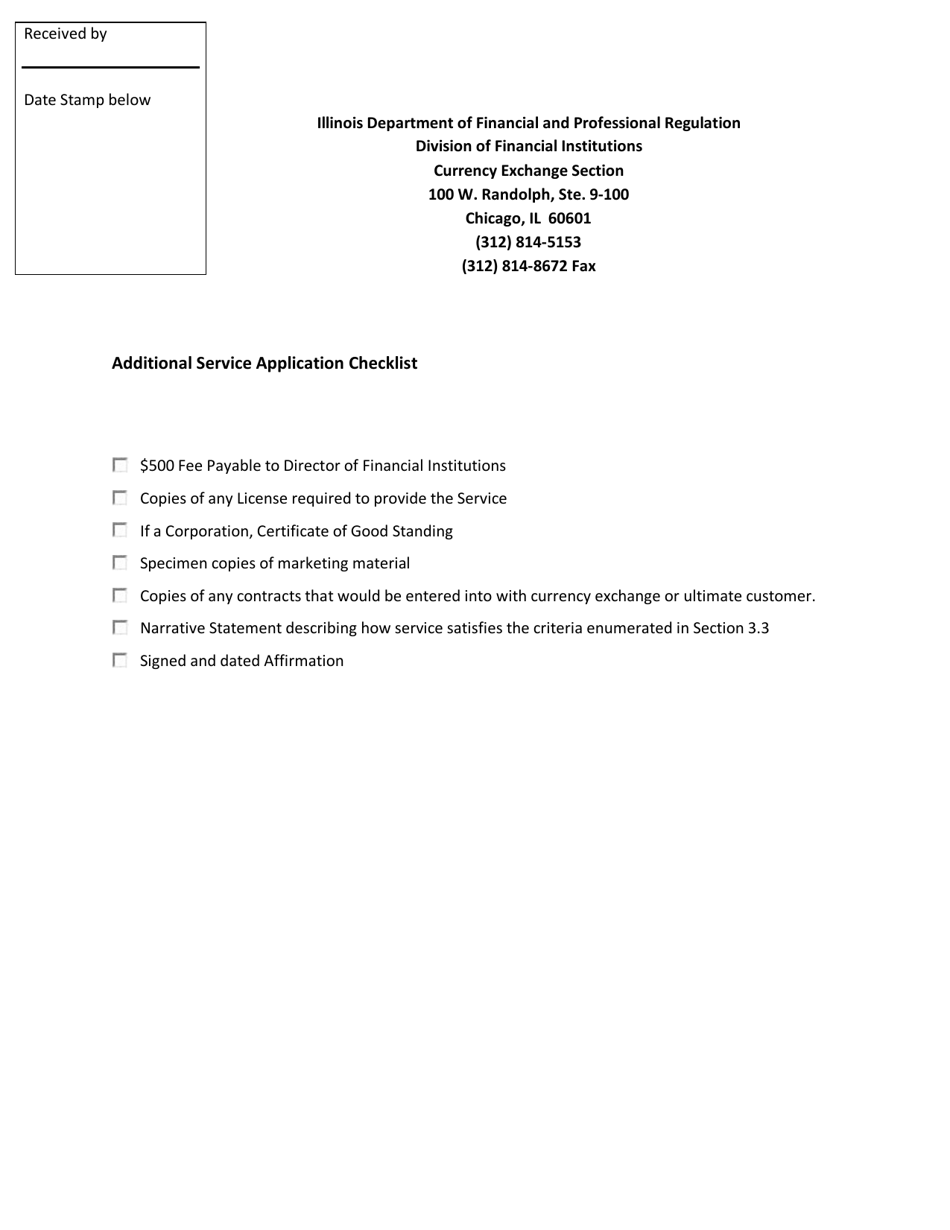 Additional Service Application Checklist - Currency Exchange Section - Illinois, Page 1