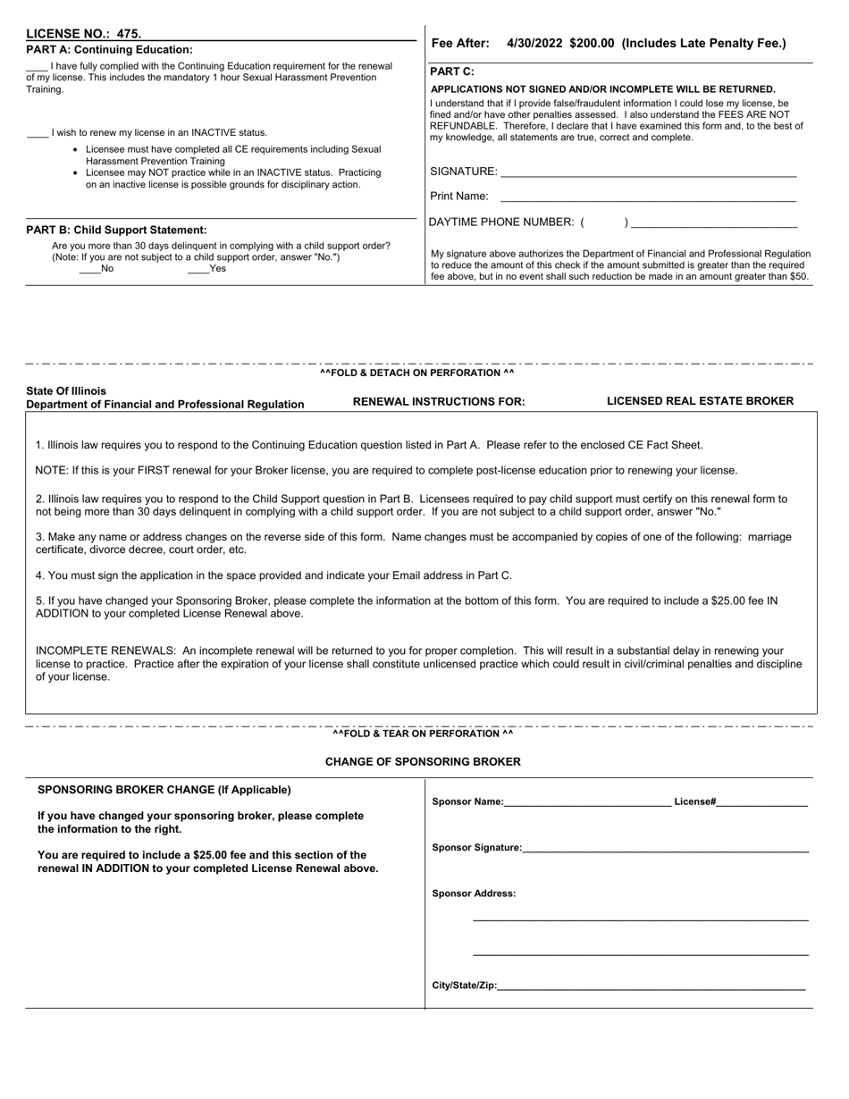 Illinois Real Estate Broker Renewal Application Form Fill Out, Sign