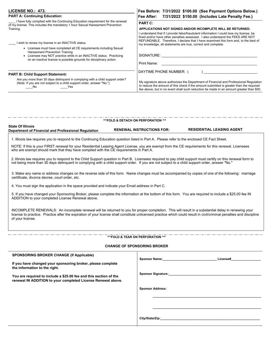 Real Estate Leasing Agent Renewal Form - Illinois, Page 1