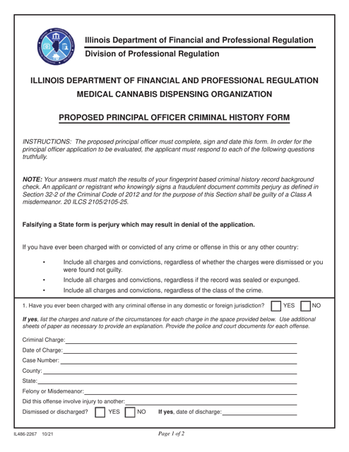 Form IL486-2267 Proposed Principal Officer Criminal History Form -medical Cannabis Dispensing Organization - Illinois