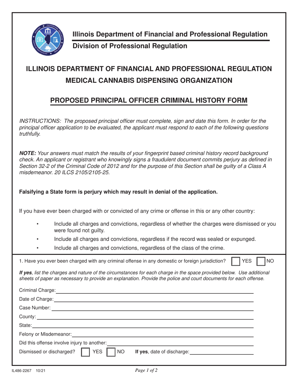Form IL486-2267 Proposed Principal Officer Criminal History Form -medical Cannabis Dispensing Organization - Illinois, Page 1