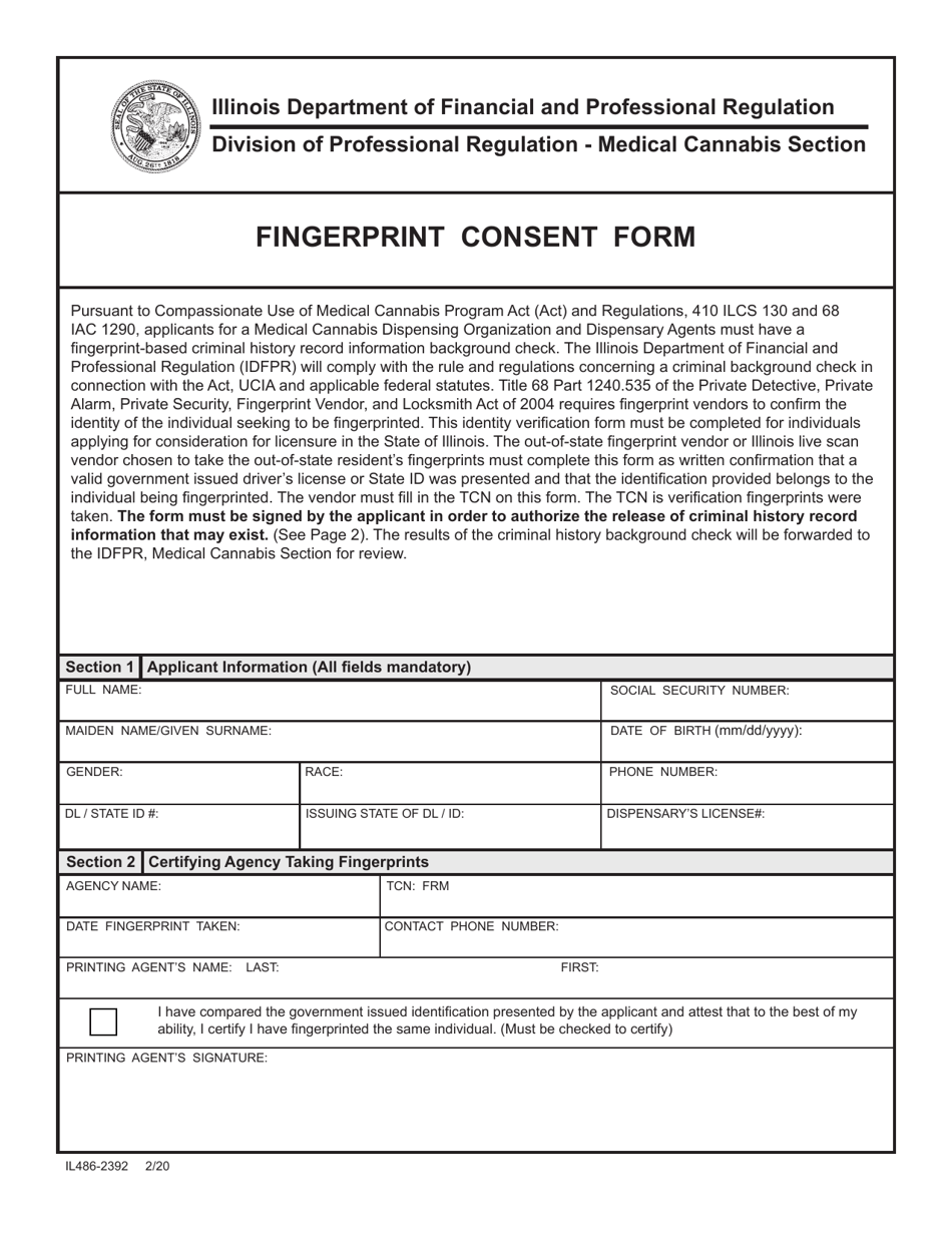 Form IL486-2392 Fingerprint Consent Form - Medical Cannabis Section - Illinois, Page 1