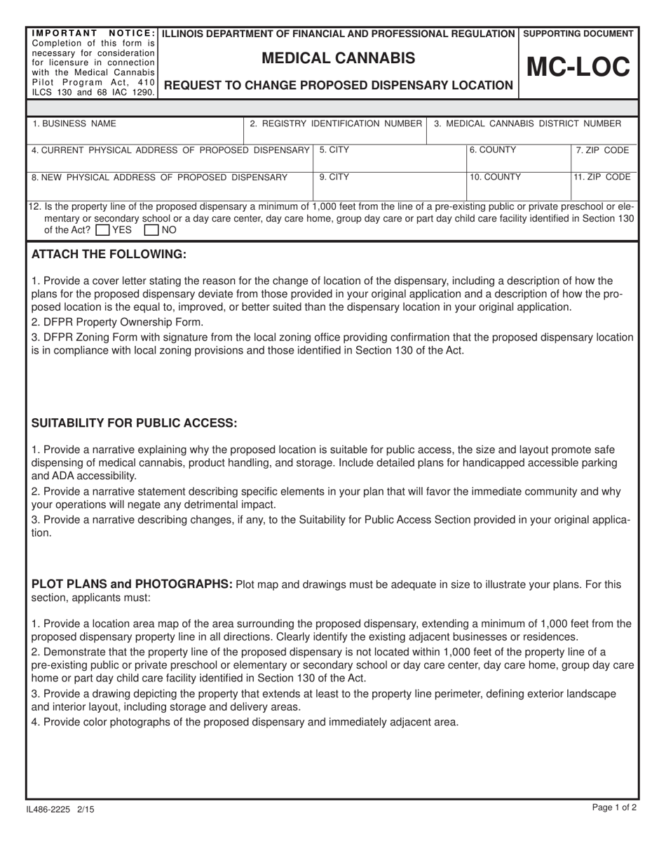 Form IL486-2225 (MC-LOC) Request to Change Proposed Dispensary Location - Medical Cannabis - Illinois, Page 1