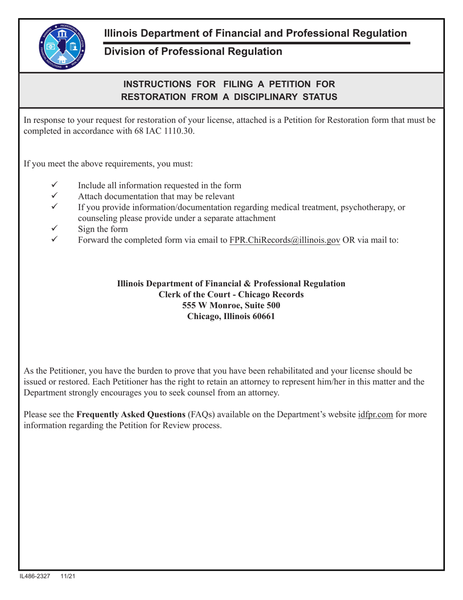 Form IL486-2327 Petition for Restoration From a Disciplinary Status - Illinois, Page 1