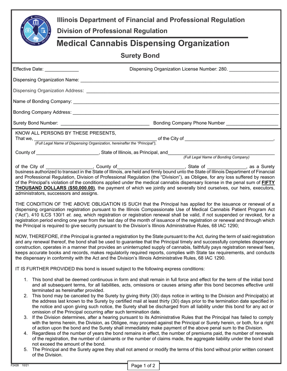Form F2428 Surety Bond - Medical Cannabis Dispensing Organization - Illinois, Page 1