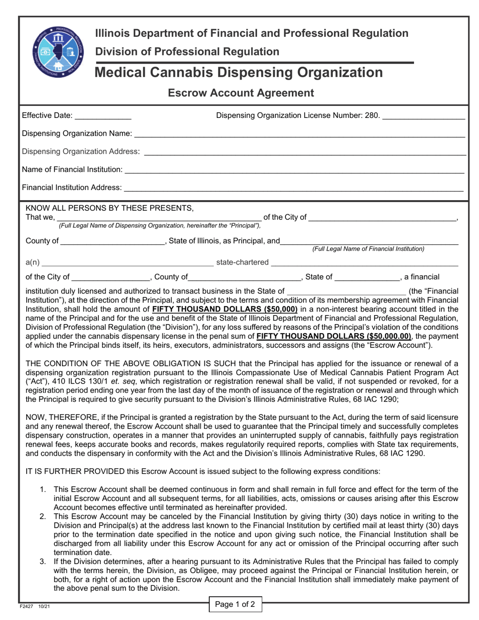 Form F2427 Escrow Account Agreement - Medical Cannabis Dispensing Organization - Illinois, Page 1