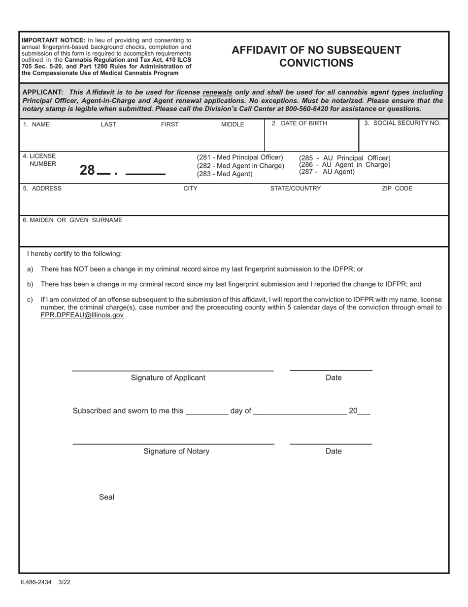 Form IL486-2434 Affidavit of No Subsequent Convictions - Illinois, Page 1