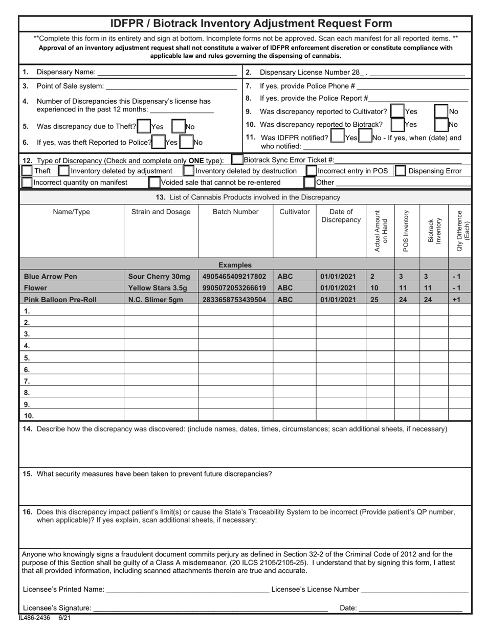 Form IL486-2436 Idfpr / Biotrack Inventory Adjustment Request Form - Illinois, Page 1