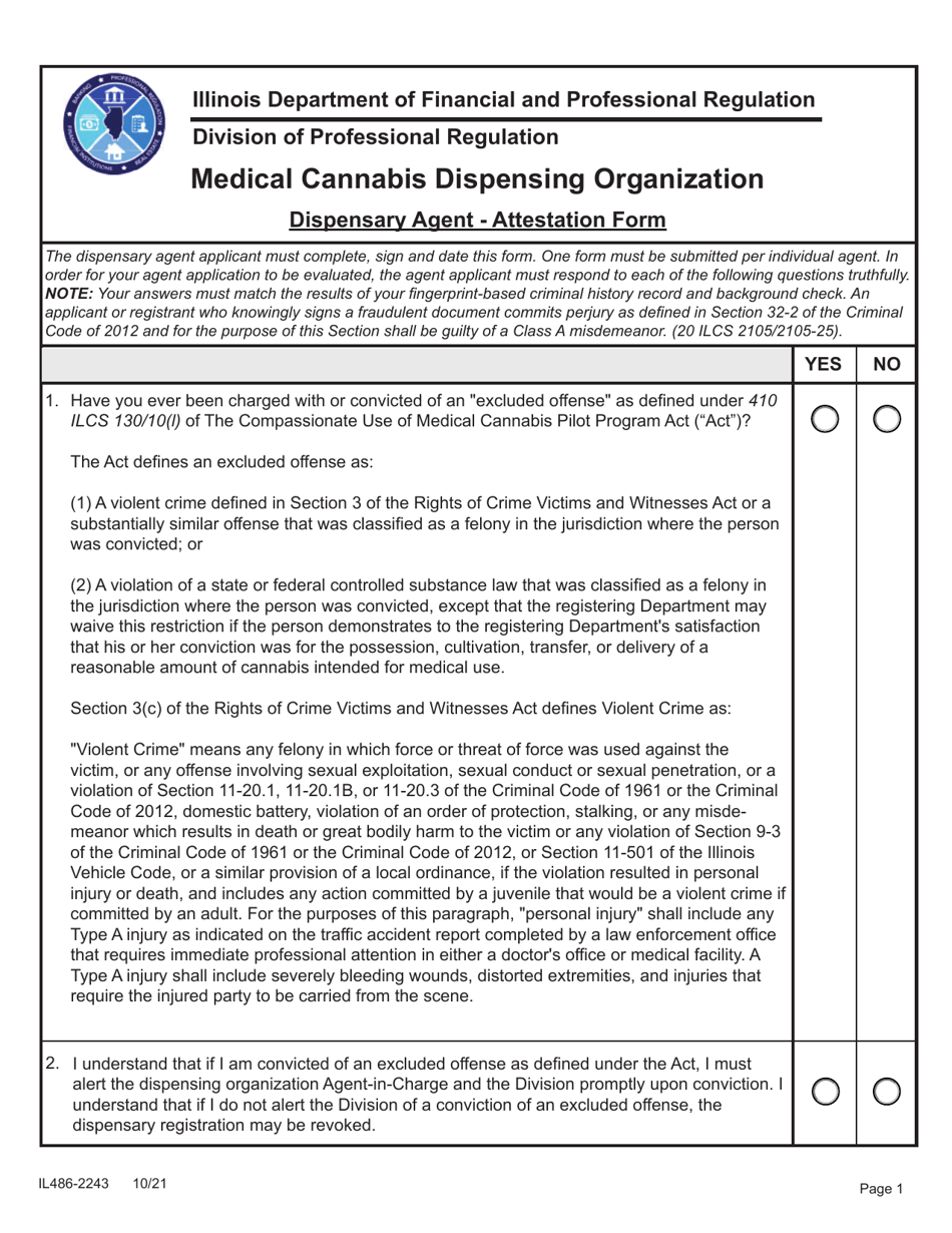 Form IL486-2243 Dispensary Agent - Attestation Form - Medical Cannabis Dispensing Organization - Illinois, Page 1