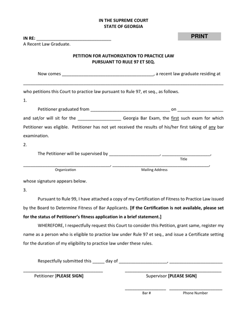 Petition for Authorization to Practice Law Pursuant to Rule 97 Et Seq. - Georgia (United States) Download Pdf