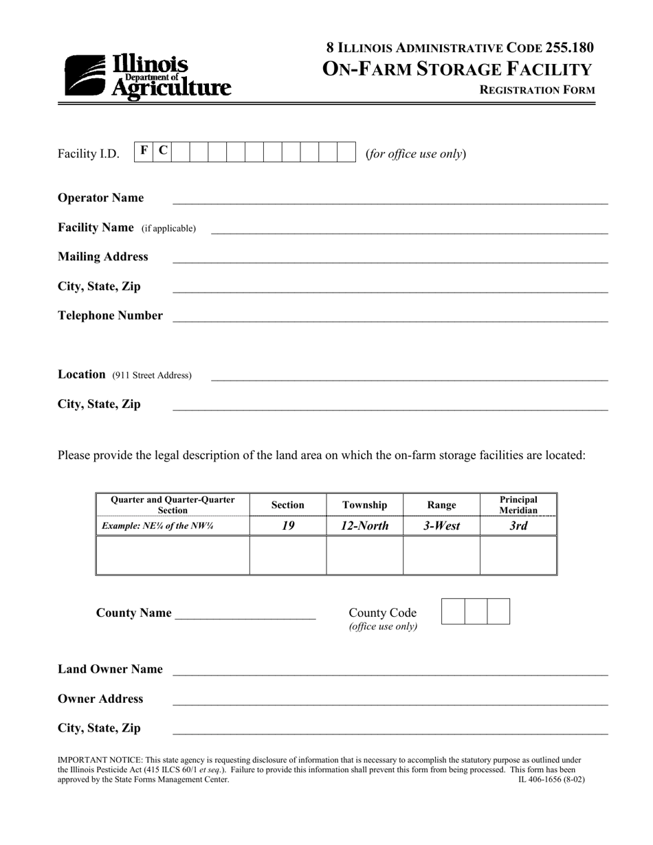 Form IL406-1656 On-Farm Storage Facility Registration Form - Illinois, Page 1